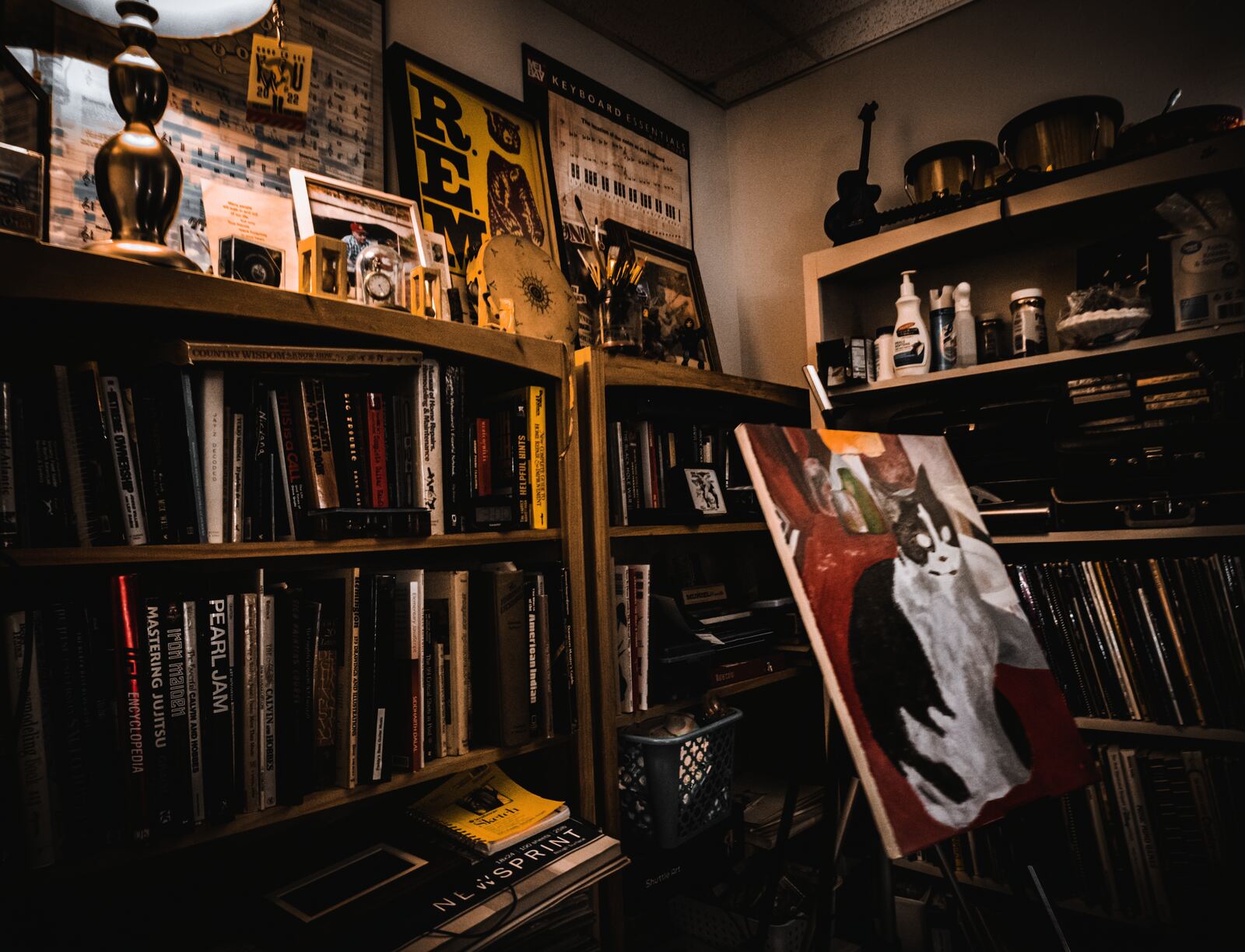 Bookshelves full of music books and songbooks beside a painting of a black-and-white cat
